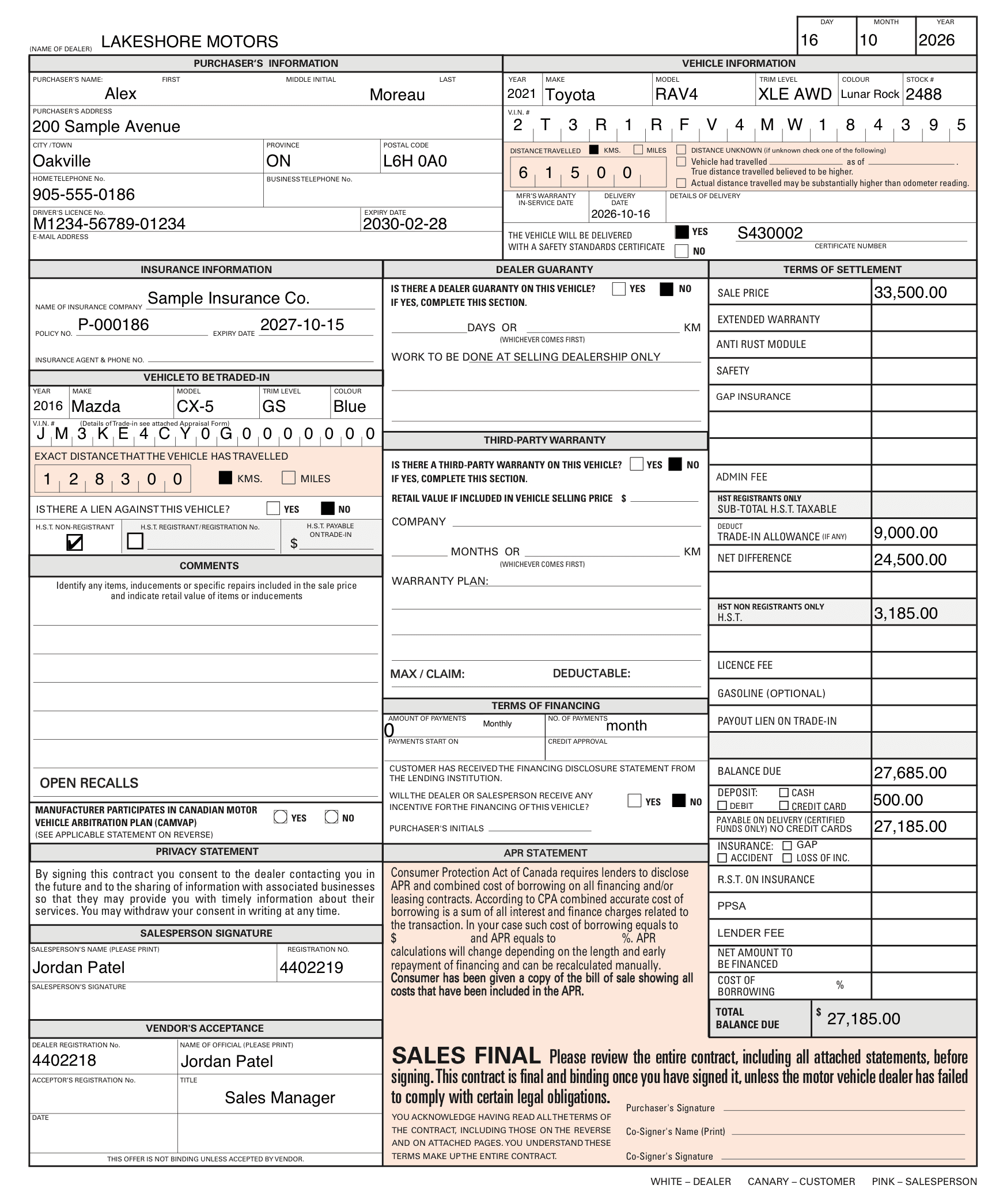 A sample bill of sale filled in from a made-up deal: a 2021 Toyota RAV4 XLE AWD sold to Alex Moreau for $33,500.00 with a $9,000.00 trade-in, HST of $3,185.00, a $500.00 deposit and a total balance due of $27,185.00