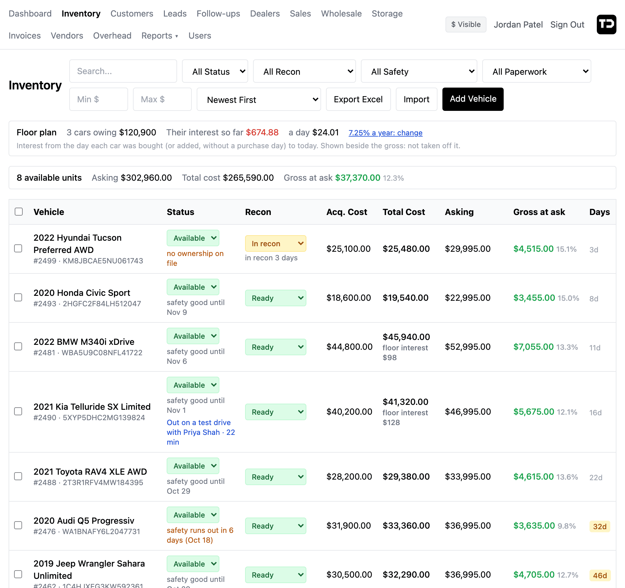 The Inventory screen with a sample dealership's cars: each car's acquisition cost, total cost with recon, asking price and gross at ask, its recon stage, days on the lot, safety certificate, floor plan interest and a car out on a test drive