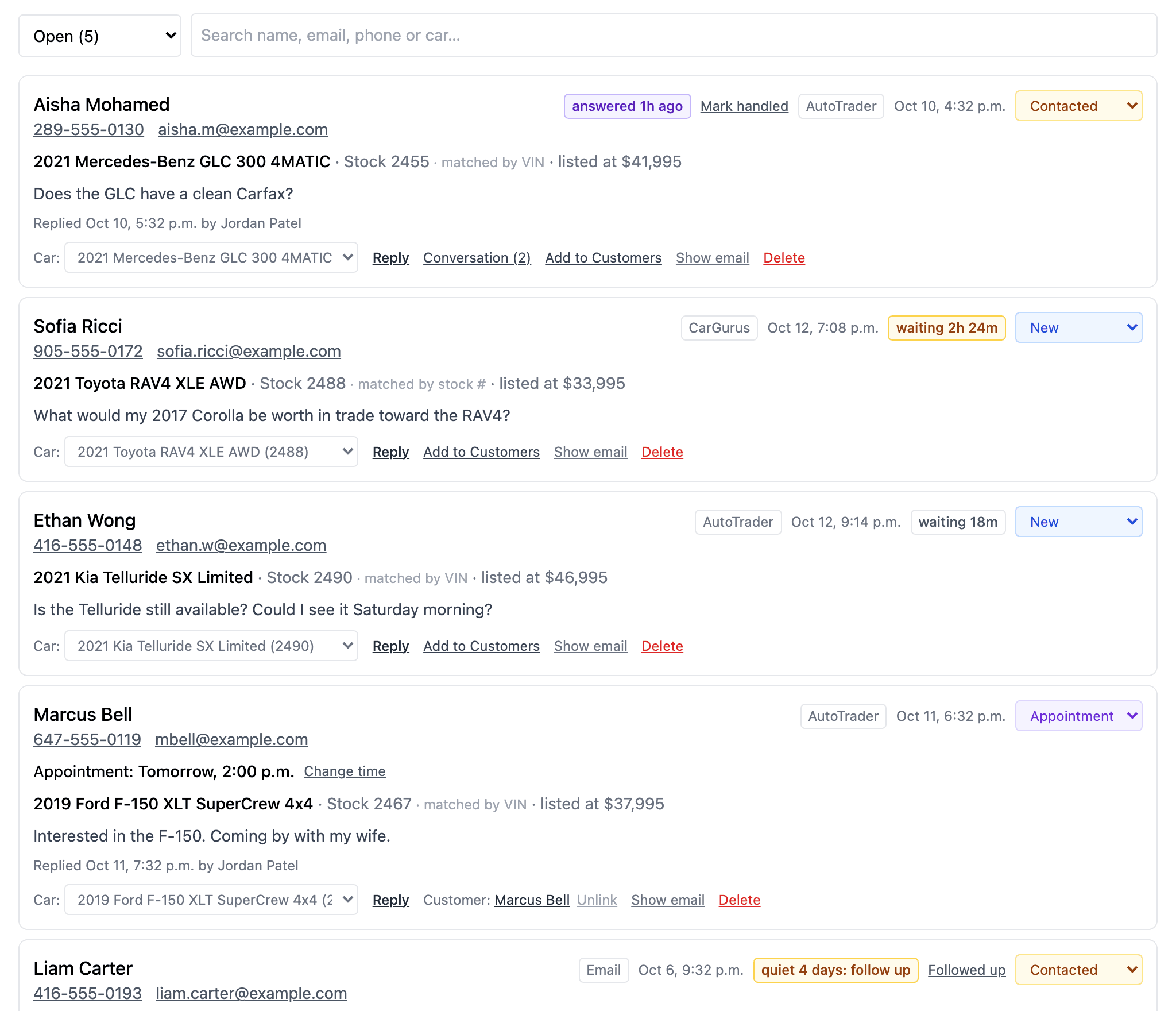 The Leads screen: enquiries from AutoTrader and CarGurus matched to the car they're about, the new ones with how long they've waited, an answer from a shopper, an appointment, and a lead gone quiet